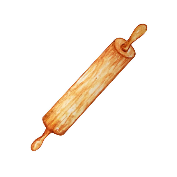 акварельная иллюстрация коричневой деревянной скалки для работы на кухне для повара
 - Фото, изображение