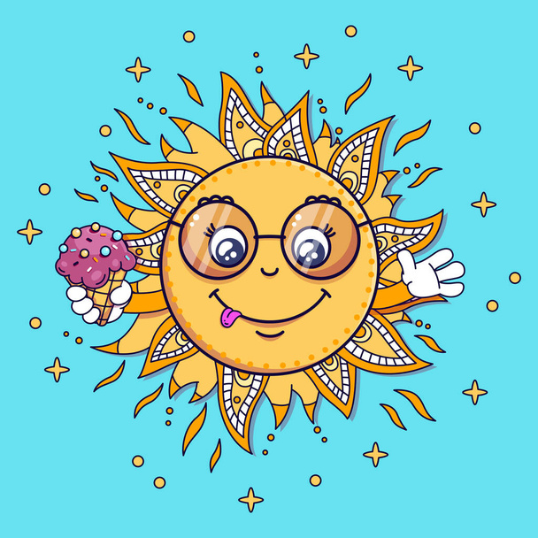 Sun Kawaii se zmrzlinou. Summer Time. Vektorová ilustrace Doodle Mandala. Nejlepší pro tričko, plakát, web, přání. - Vektor, obrázek