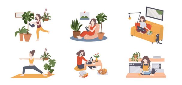Quarantine, stay at home concept - people sitting at their home, room or apartment, practicing yoga, work or learn from home, enjoying meditation, relaxing on sofa, reading books, baking and spa yourself. vector illustration - Vektor, kép