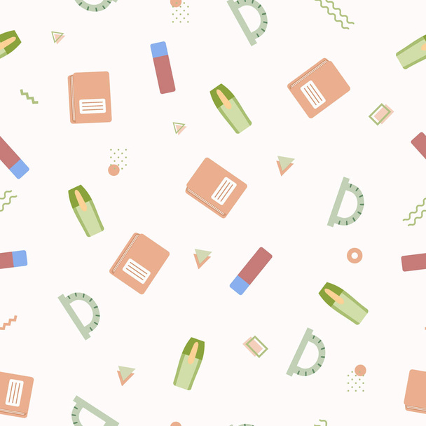 Seamless pattern with various school supplies on a white background. Vector illustration in flat style. - Vector, Image