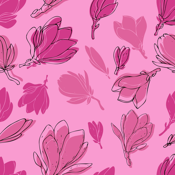 векторный ботанический бесшовный узор, силуэты розовых цветов магнолии на тонком фоне с контуром, милый орнамент
 - Вектор,изображение