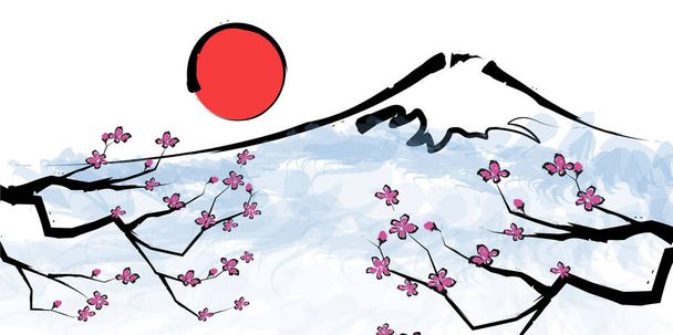 Monte Fuji carta di Capodanno sfondo ciliegio - Vettoriali, immagini