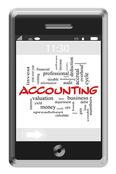 Accounting woord wolk concept op touchscreen telefoon - Foto, afbeelding