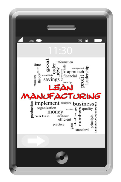 Lean Manufacturing Word Cloud Concept на сенсорному екрані телефону
 - Фото, зображення