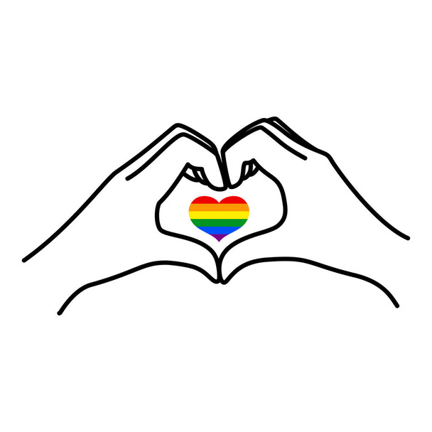 Stolz LGBT Rainbow Heart und weibliche Hand eines Liebessymbols in einem minimalen linearen trendigen Stil. Zwei weibliche Hände machen eine Herzgeste. Vector Illustration für Logo, Druck auf T-Shirt, Poster, Karte, Tätowierung - Vektor, Bild