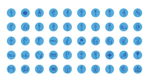 Медицинская помощь и ковид 19 вирусный блок стиль иконки набора векторных конструкций
 - Вектор,изображение