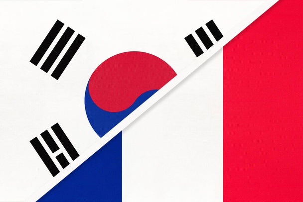 韓国または韓国とフランスまたはフランス共和国、繊維から2つの国旗のシンボル。欧州とアジア諸国との関係・パートナーシップ・選手権. - 写真・画像