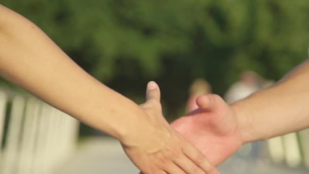 Κοντινό πλάνο: αγνώριστος άνδρας και γυναίκα σφίγγουν το χέρι κατά τη συνάντηση στο πάρκο. - Πλάνα, βίντεο