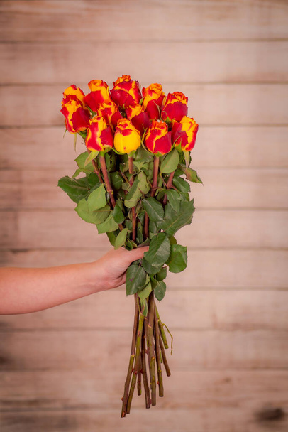 Women hand holding a bouquet of Silantoi roses variety, studio shot. - Фото, зображення