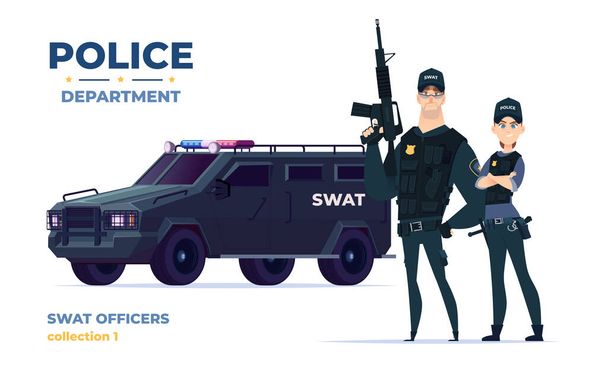 Cartoon swat officers man and woman team in armor. Safety officers with swat car. Guardians of law and order. - Vector, Image