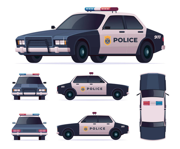 Set auto della polizia. Pattuglia veicolo ufficiale, inseguimento auto poliziotto e inseguimento criminali. Vista anteriore, posteriore, laterale, superiore. - Vettoriali, immagini