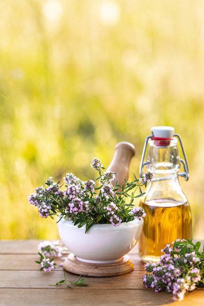 Bottle of thyme essential oil with fresh sprigs of thyme on a wooden background and nature in the background - Fotó, kép
