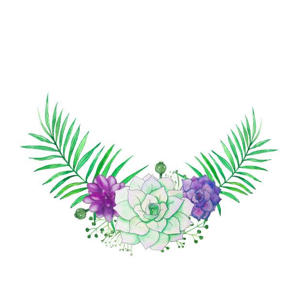 Aquarell Blumenstrauß mit Sukkulenten, Blättern und Zweigen. Vereinzelte zarte Komposition auf weißem Hintergrund. Romantische Blumen Clip Art perfekt für Hochzeitseinladung  - Foto, Bild