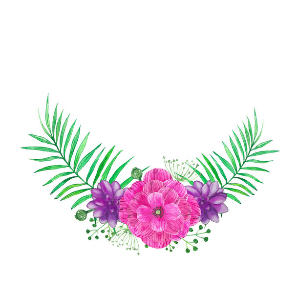 Aquarell florales Bouquet mit Sukkulenten, Blumen, Blättern und Zweigen. Vereinzelte zarte Komposition auf weißem Hintergrund. Romantische Blumen Clip Art perfekt für Hochzeitseinladung  - Foto, Bild