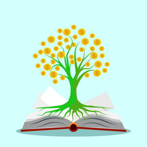 Aprire un libro e denaro tree.The concetto di fare soldi da books.Vector Illustration eps - Vettoriali, immagini