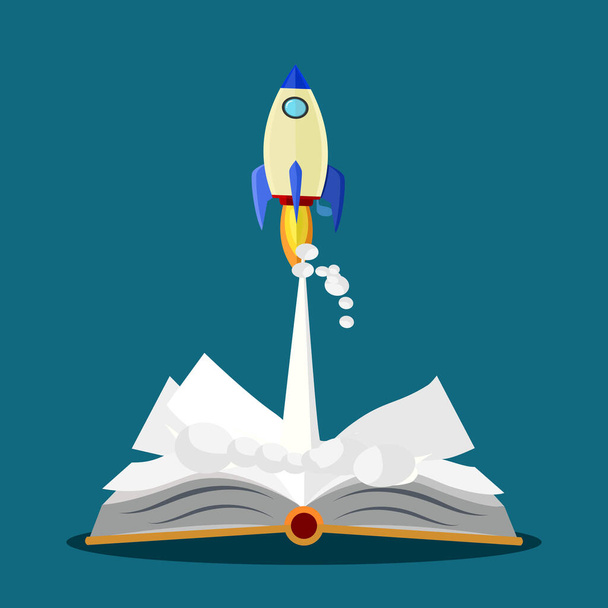 Otwórz książkę i rocket.the koncepcja edukacji i poszukiwania wiedzy stworzyć Initiative.start eps - Wektor, obraz