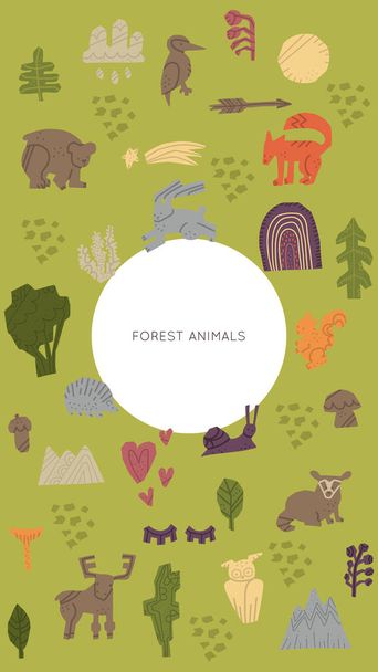 Woodland Forest Animals vector set. Hand drawn elements in paper-cut style. Social media photo frame. Template for stories mobile interface, ui, app, web. Vector illustration. - Vector, Image