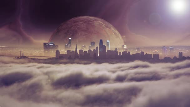 Wielki księżyc wschodzący nad panoramą miasta w fantazji starożytnego świata obcych - Materiał filmowy, wideo