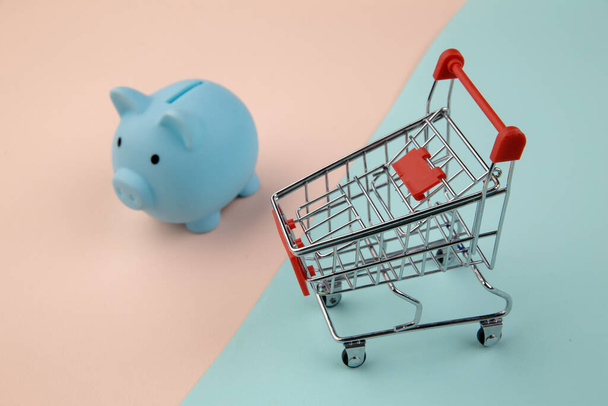 Nákupní koncept, ekonomika, úspory. Prasečí banka s vozíkem v supermarketu na barevném pozadí - Fotografie, Obrázek