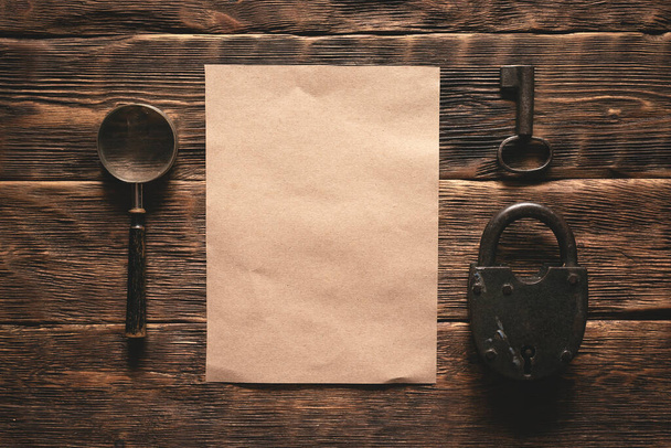 Top secret document with a confidential information mockup on a wooden table flat lay background. - Foto, immagini