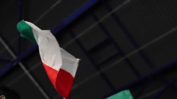 bright flags on poles waved by sports fans at hockey match - Felvétel, videó