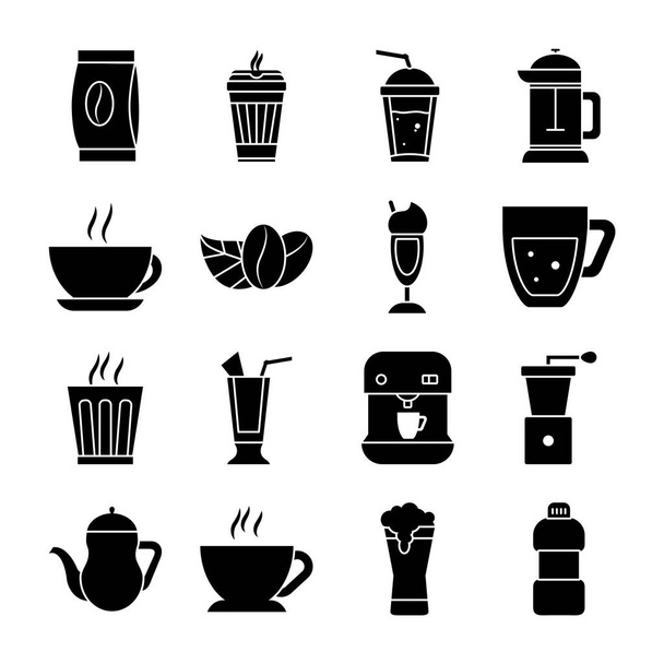 Kahve çekirdekleri ve kahve içecekler ikon seti, siluet tarzı. - Vektör, Görsel