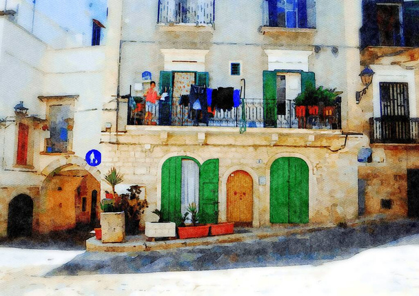Digitales Aquarell, das die Fassade eines historischen Gebäudes im historischen Zentrum von Bitonto in Apulien darstellt - Foto, Bild