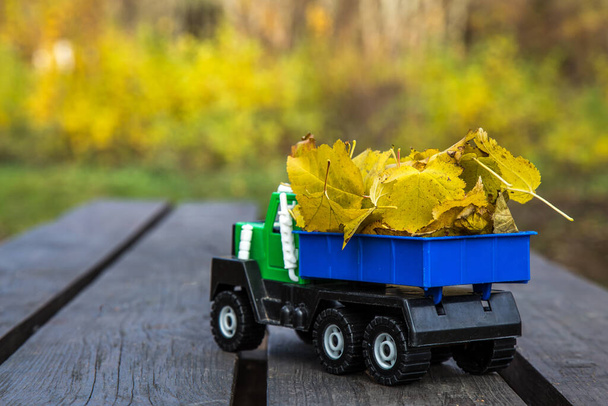 Das kleine Spielzeugauto steht auf einer hölzernen Fläche vor dem Hintergrund eines verschwommenen Herbstparks. - Foto, Bild