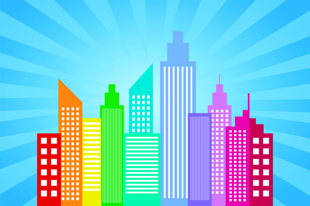 Stadtsilhouette mit blauen Sonnenstrahlen Hintergrund - Vektor, Bild