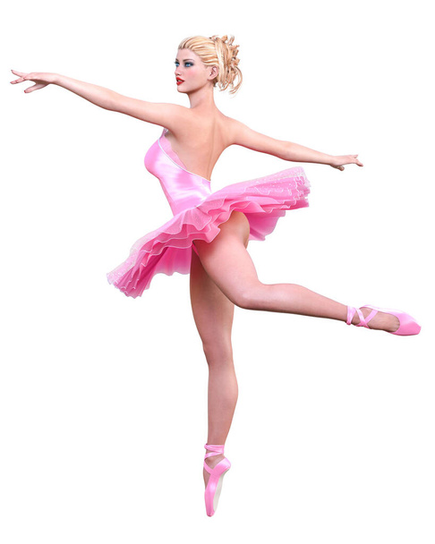 Dancing ballerina.Pink ballet tutu.Blonde hair girl blue eyes.Ballet street dancer.Studio photography.High key.Conceptual fashion art.3D render isolate illustration. - Foto, Imagem