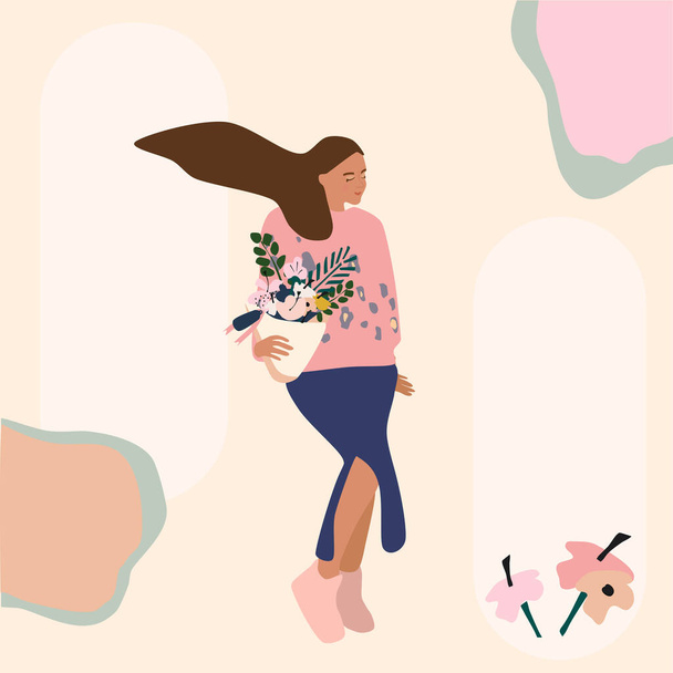 スリットのあるスカートの女の子は花束を持っています。贈り物のコンセプト、国際女性の日。花の店のテンプレート。手描きベクトルイラストヒョウ柄のセーター、なびく髪、抽象. - ベクター画像