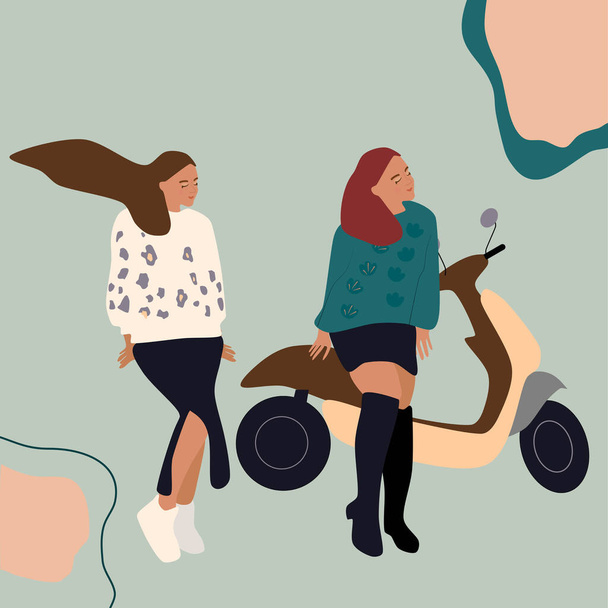 Δύο κορίτσια σε μια φούστες με μοτοσικλέτα ή scooter.Freedom, ταξίδι, οδικό ταξίδι έννοια.Γυναίκα δύναμη και πραγματική friendship.Travel πρακτορείο poster.Hand που διανυσματική απεικόνιση σε αφηρημένο φόντο.Adventures - Διάνυσμα, εικόνα