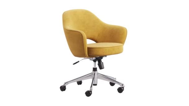 Circulaire animatie van oranje stof taak fauteuil met chroom basis op witte achtergrond. Halverwege de eeuw moderne bureaustoel. Draaitabel 3d renderen - Video