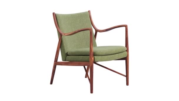 Animazione circolare di sedia in tessuto verde con gambe in legno su sfondo bianco. Sedia moderna in legno della metà del secolo scorso. Rendering giradischi 3d - Filmati, video
