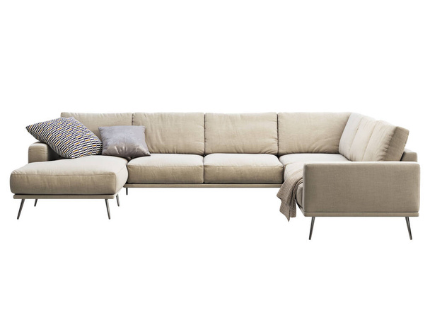 Moderni beige kangas leposohva nurkassa sohva tyynyt ja ruudullinen. Kangas verhoilu sohva metalli jalat valkoisella pohjalla. Vuosisadan puolivälissä, Moderni, Loft, Chalet, Skandinavian sisustus. 3d renderointi - Valokuva, kuva