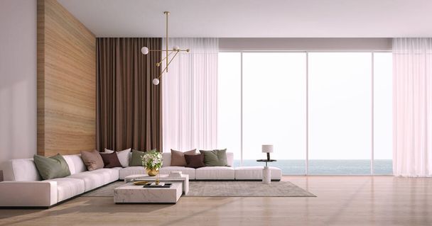 Modernes Luxus-Haus. Sofa im Wohnzimmer mit Meerblick nach außen. Ferienhaus oder Ferienvilla.3d Rendering - Foto, Bild