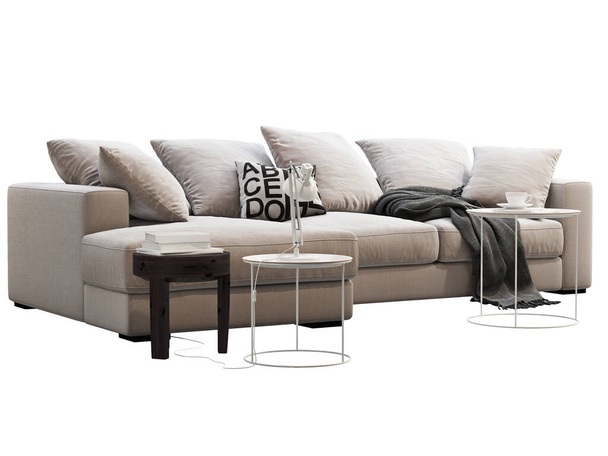 Modern light beige chaise lounge fabric sofa. Modern furniture set on white background. Mid-century, Modern, Loft, Chalet, Scandinavian interior. 3d render - Foto, imagen