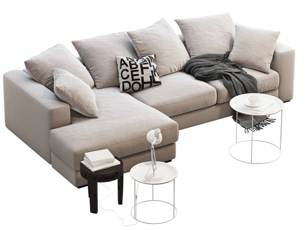 Moderne licht beige chaise lounge stof bank. Moderne meubels op een witte achtergrond. Halverwege de eeuw, Modern, Loft, Chalet, Scandinavisch interieur. 3d renderen - Foto, afbeelding