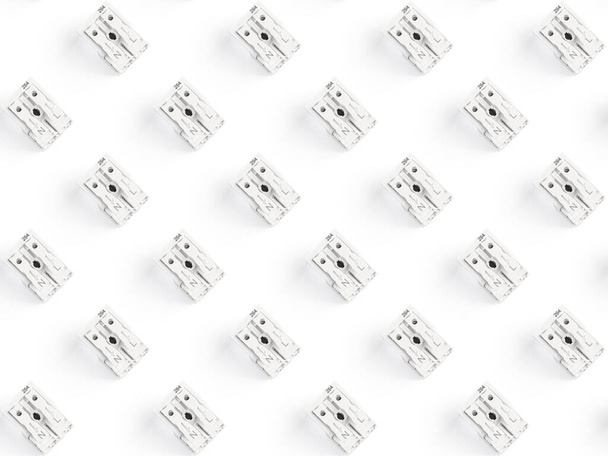 Seamless pattern of electronic components. Close up of Rows of new compact splicing connector or terminal blocks placed in lines on white background. - Foto, Imagen
