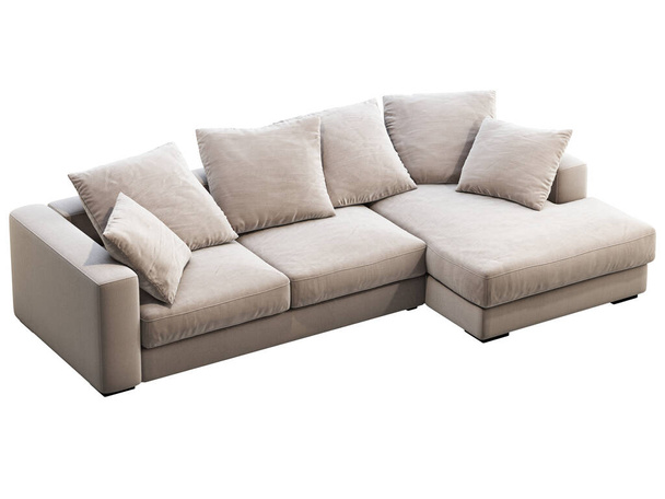 Sofá moderno luz bege chaise lounge tecido. Sofá de canto de estofos têxtil com travesseiros no fundo branco. Meados do século, Moderno, Loft, Chalet, interior escandinavo. Renderização 3d
 - Foto, Imagem