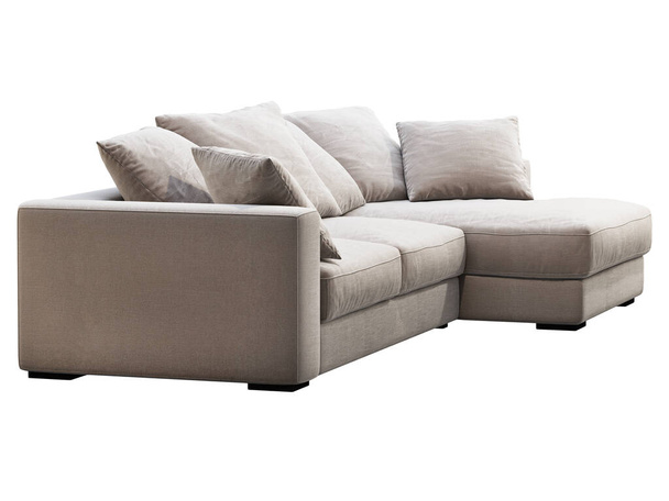 Μοντέρνο ανοιχτό μπεζ σεζλόνγκ υφασμάτινος καναπές. Γωνιακός καναπές υφασμάτινος με μαξιλάρια σε λευκό φόντο. Μεσαίωνας, Μοντέρνο, Loft, Chalet, Σκανδιναβικό εσωτερικό. 3d απόδοση - Φωτογραφία, εικόνα