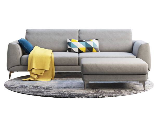 Modern light gray fabric sofa with decor. Modern furniture set on white background. Mid-century, Modern, Loft, Chalet, Scandinavian interior. 3d render - 写真・画像