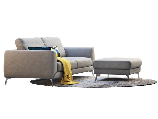 Modern világos szürke szövet kanapé dekorációval. Modern bútorok, fehér háttérrel. Század közepe, modern, tetőtér, faház, skandináv belső tér. 3d renderelés - Fotó, kép