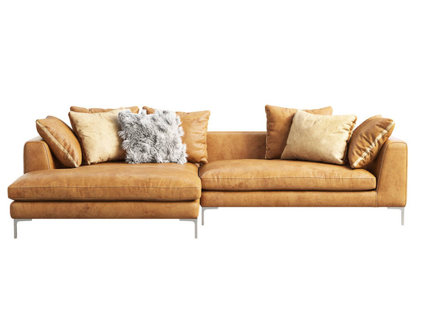 Sofá de couro moderno chaise lounge. Brown sofá de couro isolado com travesseiros no fundo branco. Meados do século, Moderno, Loft, Chalet, interior escandinavo. Renderização 3d
 - Foto, Imagem