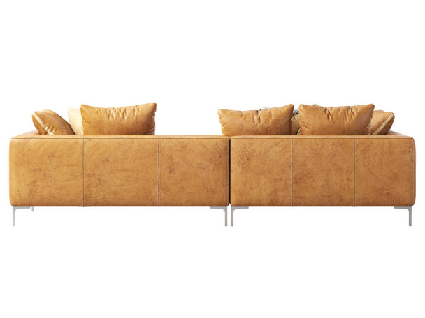 Σύγχρονη σεζλόνγκ δερμάτινο καναπέ. Καφέ δερμάτινος καναπές με μαξιλάρια σε λευκό φόντο. Μεσαίωνας, Μοντέρνο, Loft, Chalet, Σκανδιναβικό εσωτερικό. 3d απόδοση - Φωτογραφία, εικόνα