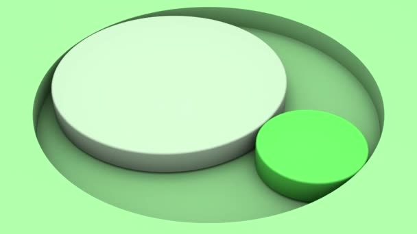 Animation 3D d'un fond vert et de disques de couleur assortis qui tournent et changent de taille. Conception de mouvement. - Séquence, vidéo