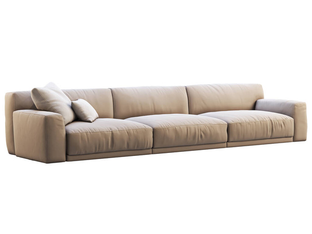 Μοντέρνος μπεζ υφασμάτινος καναπές υφασμάτινος καναπές ταπετσαρίας με μαξιλάρια σε λευκό φόντο. Μεσαίωνας, Μοντέρνο, Loft, Chalet, Σκανδιναβικό εσωτερικό. 3d απόδοση - Φωτογραφία, εικόνα