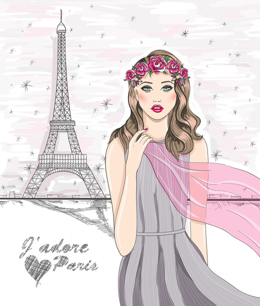 Ragazza vicino alla torre Eiffel. Cartolina di Parigi disegnata a mano
. - Vettoriali, immagini