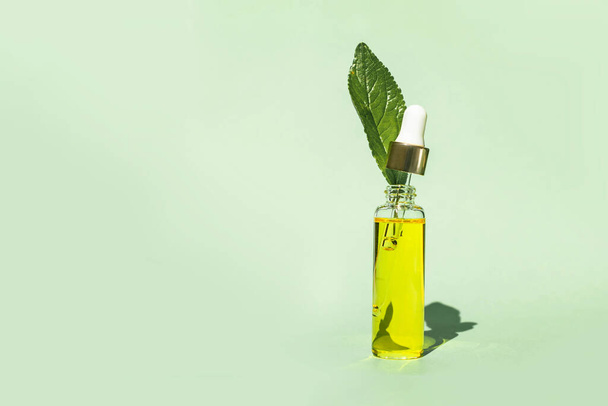 Glass bottle with cosmetic essential oil, fresh leaf isolated on green background. Organic natural product. Copy space. - Photo, Image