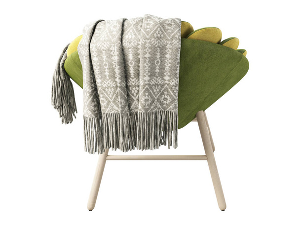 Chaise moderne en tissu vert avec base verte et pieds en bois. Chaise ronde rembourrée en tissu avec plaid sur fond blanc. Au milieu du siècle, Loft, intérieur scandinave. 3d rendu - Photo, image